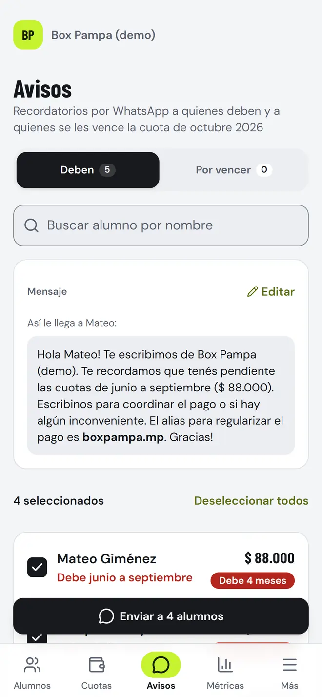 Pantalla de Avisos con el mensaje de WhatsApp y los alumnos elegidos