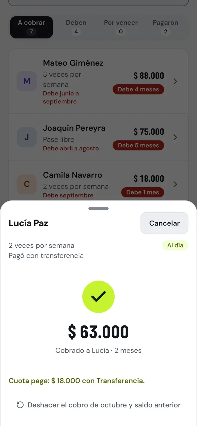 Confirmación de pago anotado en la app